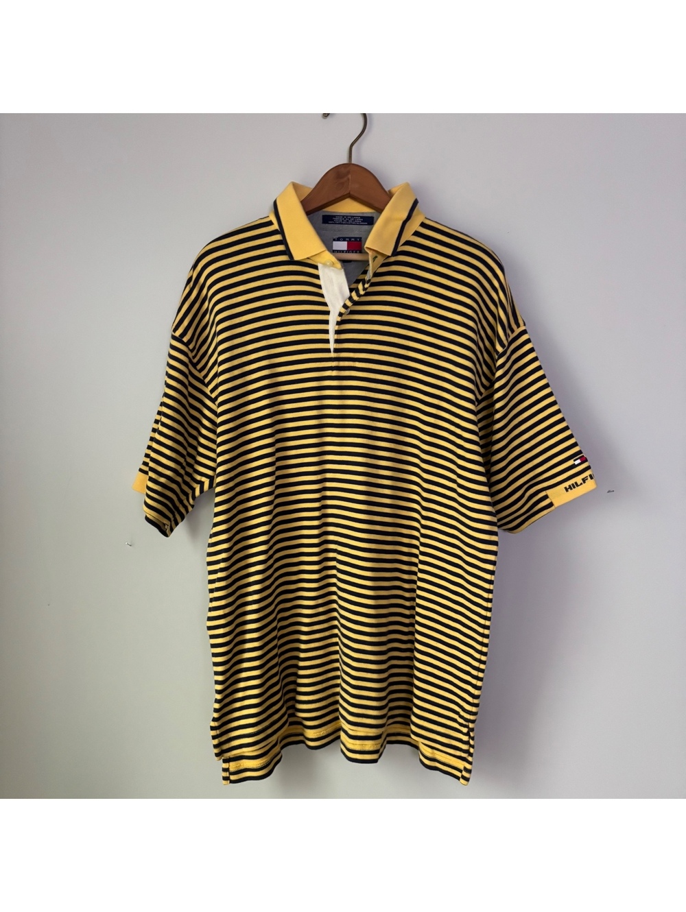 Vintage Tommy Hilfiger Striped Polo Shirt Men's L Yellow Navy Flag Logo 90s